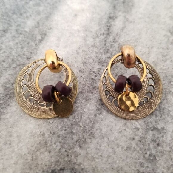 Vintage Boho Post Dangle Earrings, Beaded Hoop Design, Gold Tone and Black Beads - Picture 2 of 5